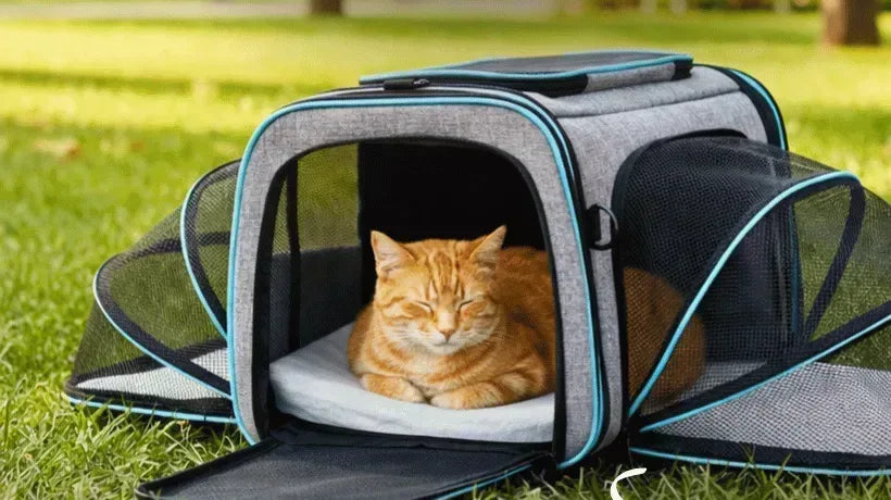 Borsa da viaggio espandibile per gatti con estensione laterale aperta