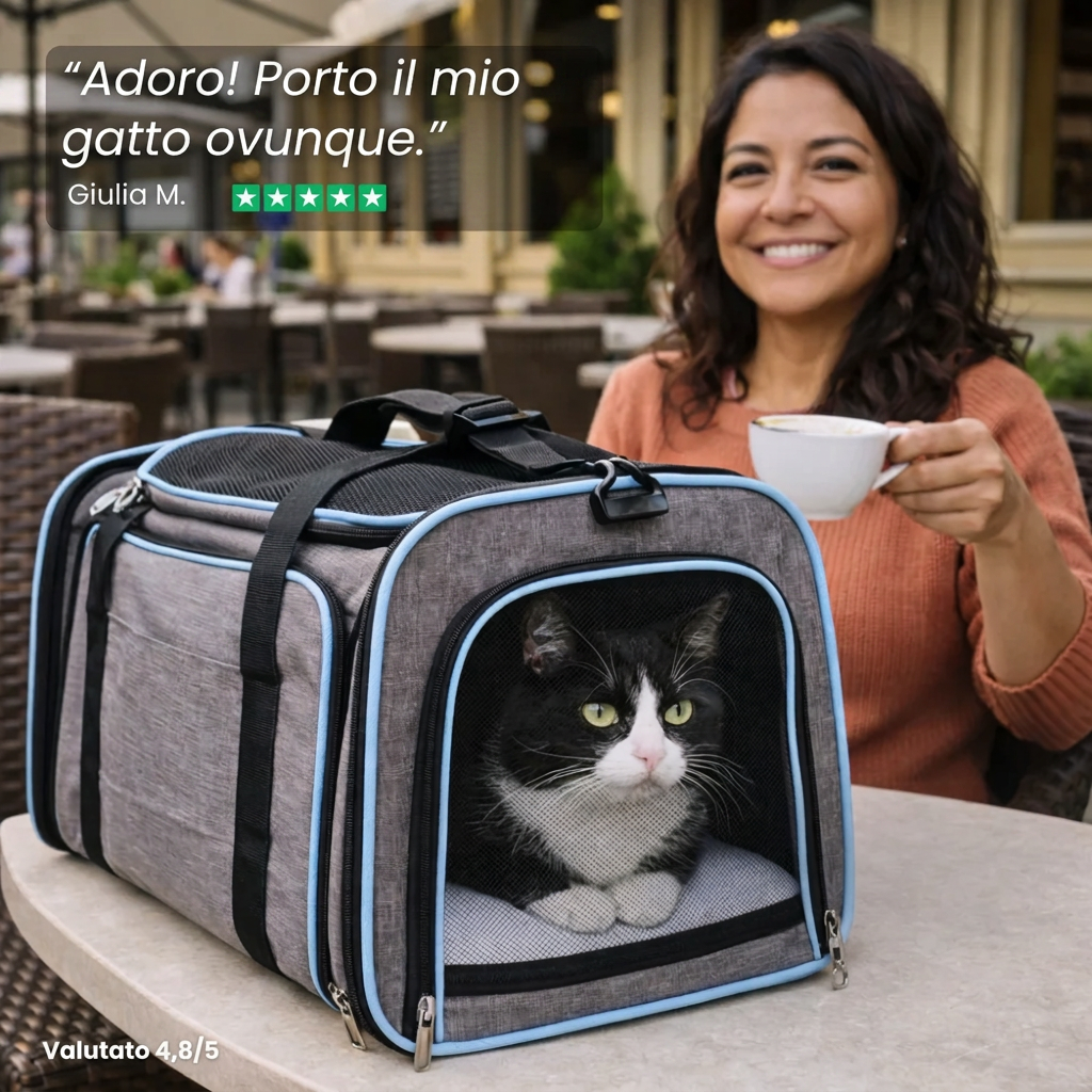 Gatto rilassato dentro la borsa da viaggio espandibile